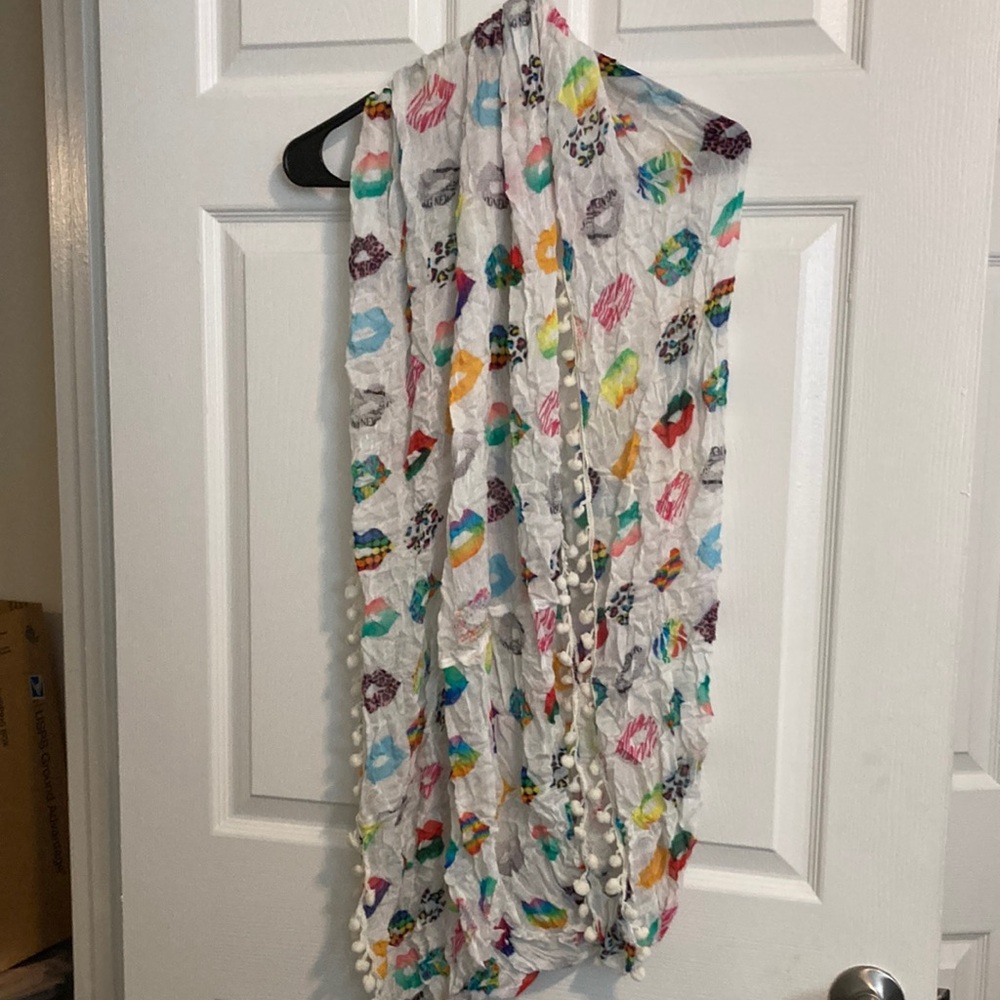 Colorful Lip Print Scarf with Pom Poms